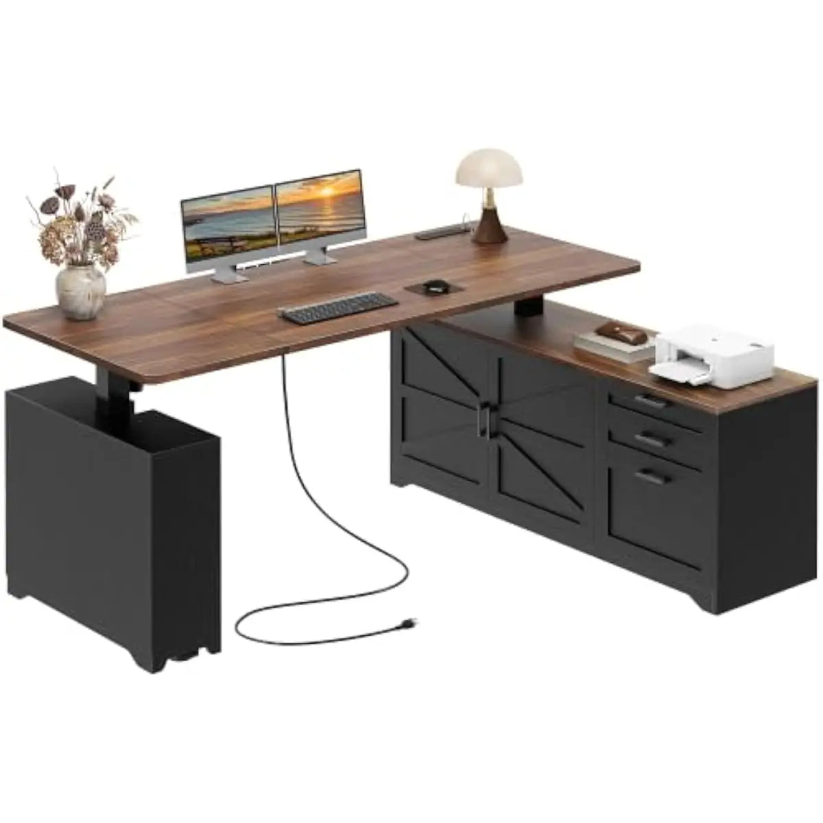 L Shaped Electric Standing Desk 55 Inch Farmhouse Style Adjustable Height