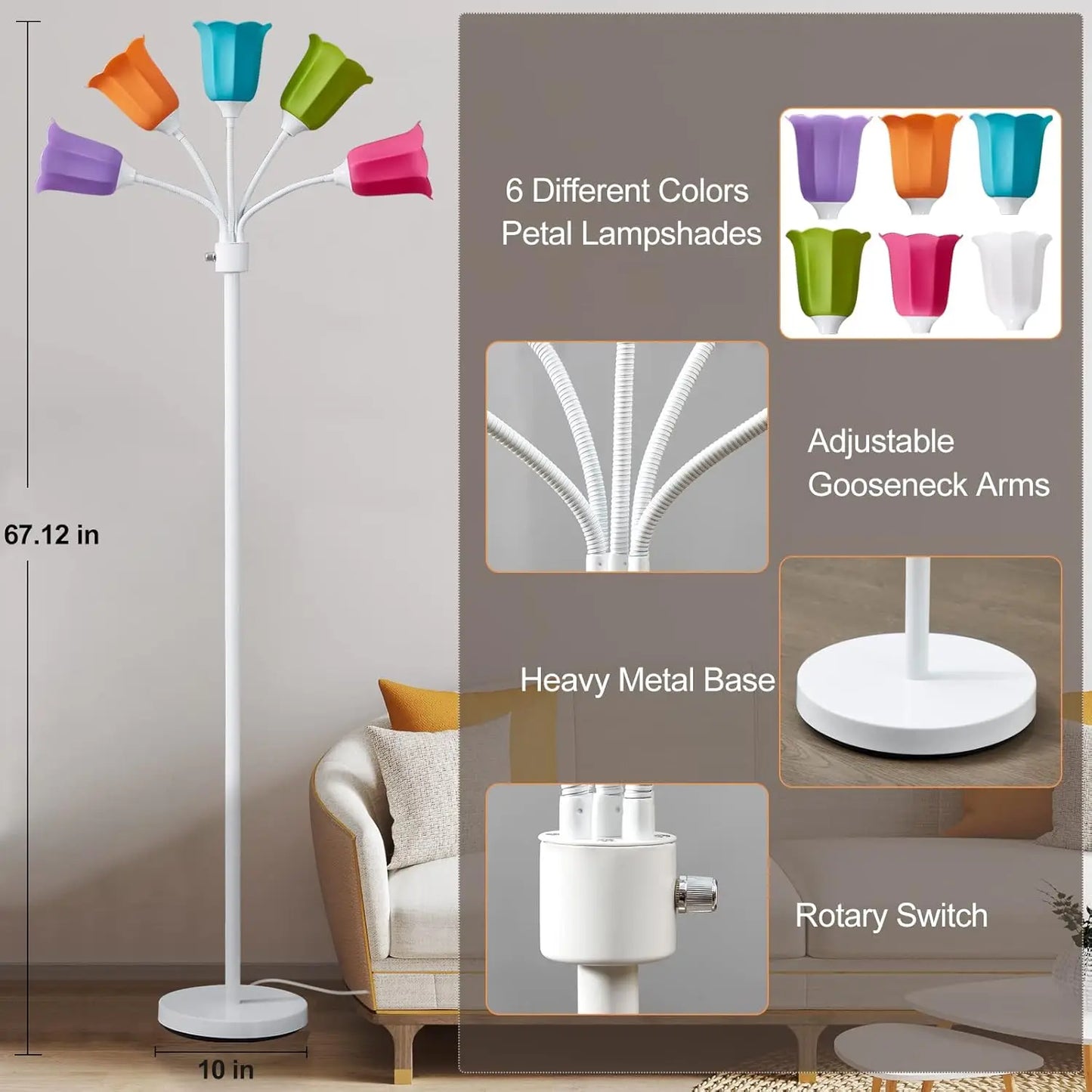 Modern Adjustable Multi-Head Floor Lamp with 6 Color Lampshades