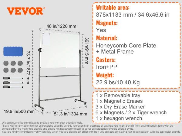 VEVOR Rolling Magnetic Whiteboard Double-Sided 360° Reversible