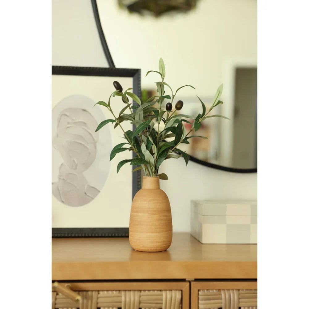 15 Inch Artificial Olive Plant in Wood Finish Ceramic Vase