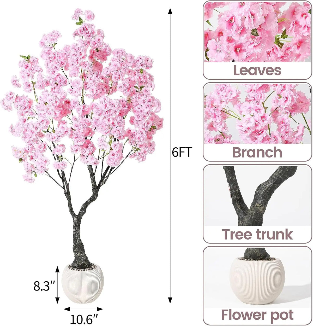 Artificial Cherry Blossom Tree with White Planter & Adjustable Branches