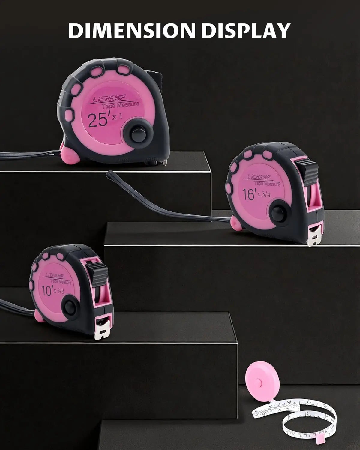 Pink Tape Measure 4 Pack, 10ft x 5/8in, 16ft x 3/4in, 25ft x 1in