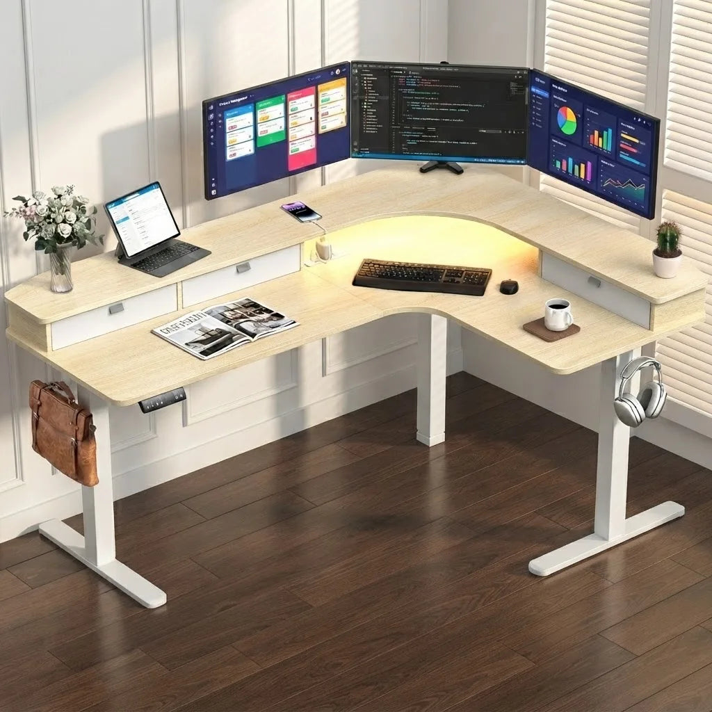 65" L‑Shaped Electric Standing Desk with 3 Drawers, Height Adjustable