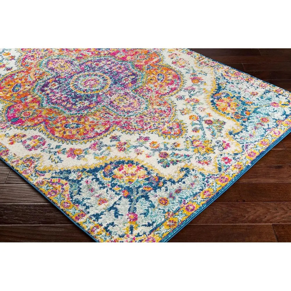Vintage Boho Fuchsia Mustard Blue Floral Medallion Area Rug, 7x9