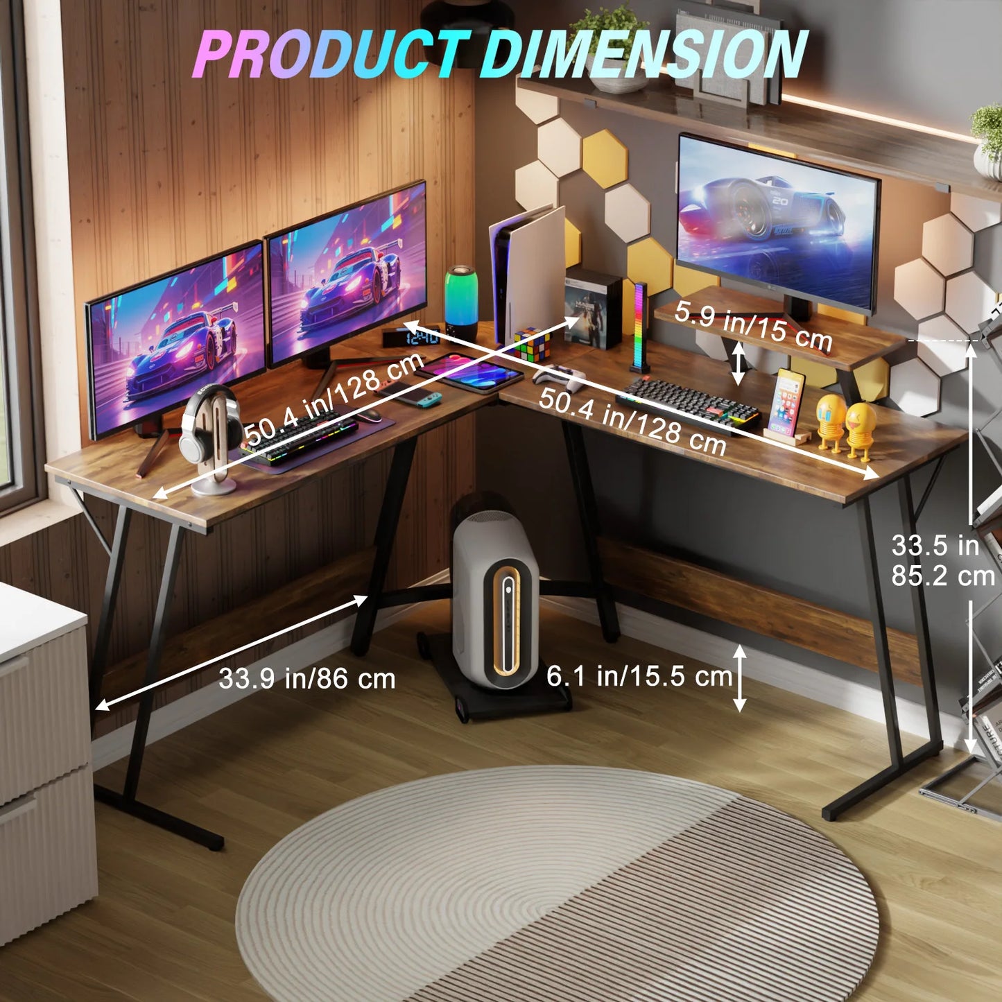 L-Shaped Corner Computer Desk with Large Monitor Stand