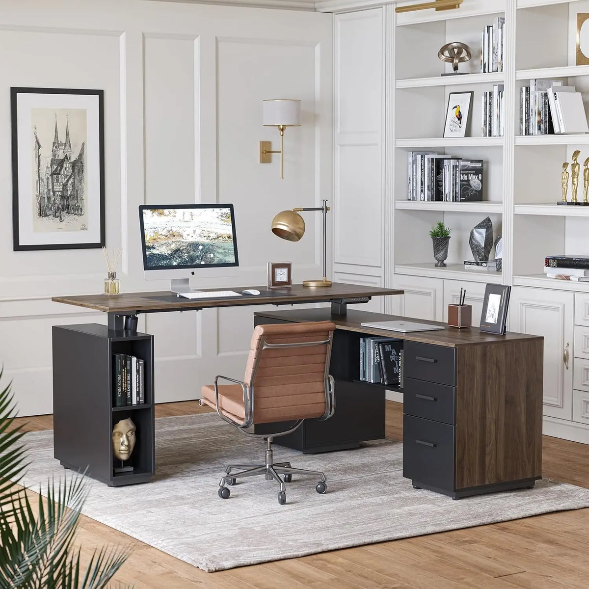 63" L Shaped Standing Desk with Storage, Height Adjustable Table