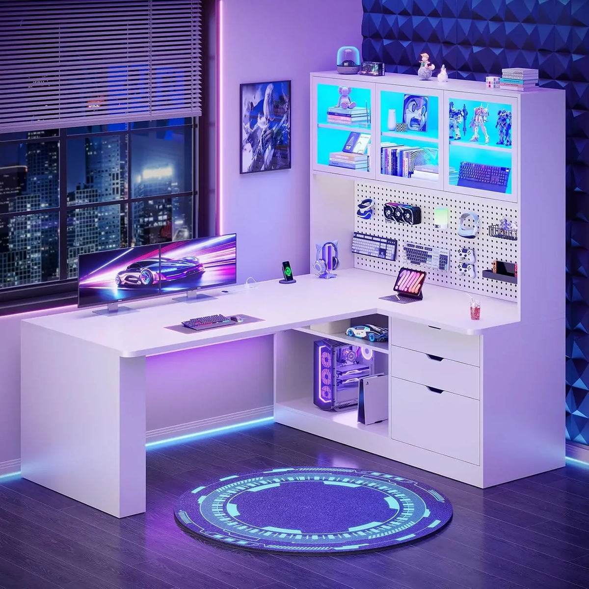L Shaped Corner Gaming Desk with 3 Wood Drawer and Large Bookshelf