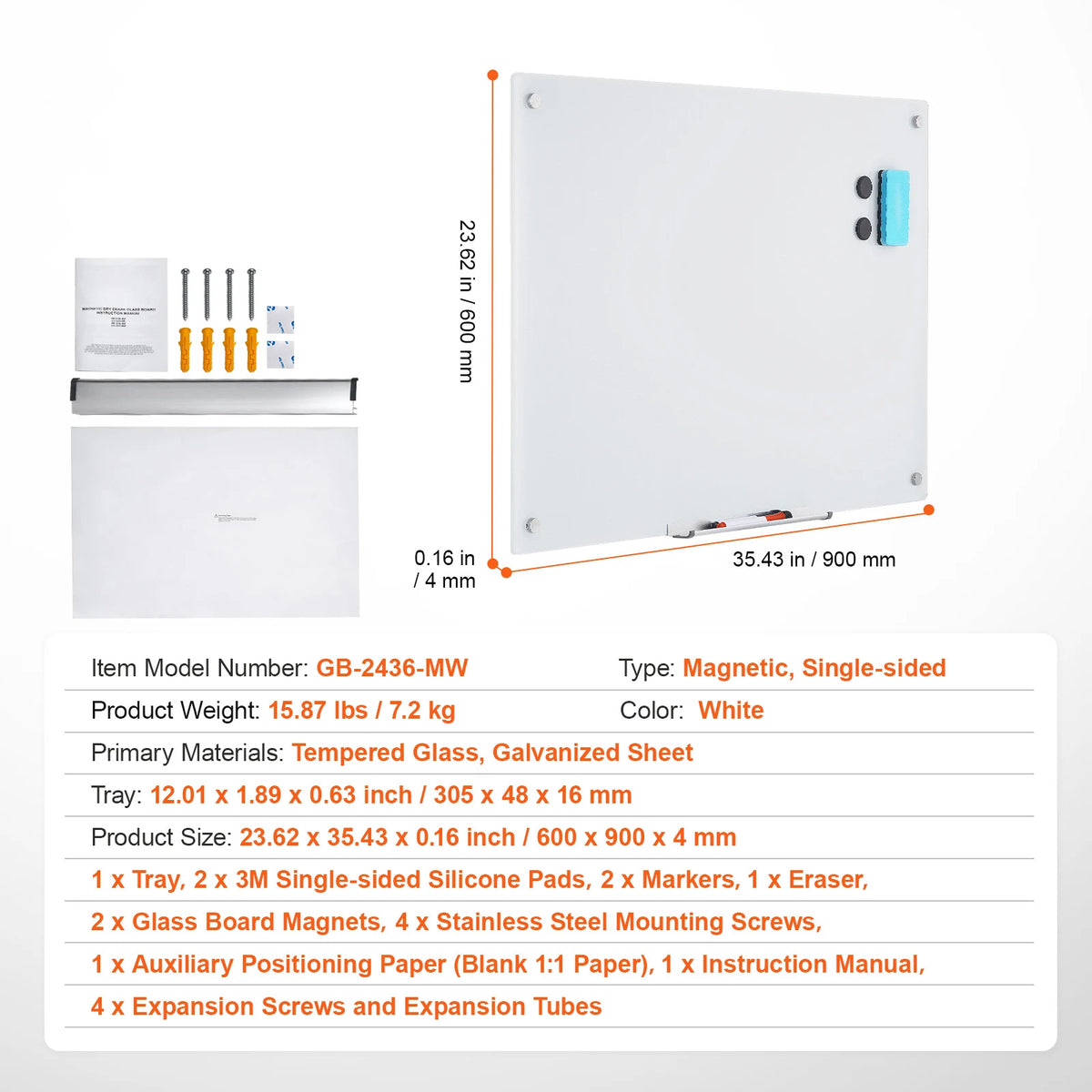 VEVOR Magnetic Glass Whiteboard 36"x24"/48"x32"/72"x36"