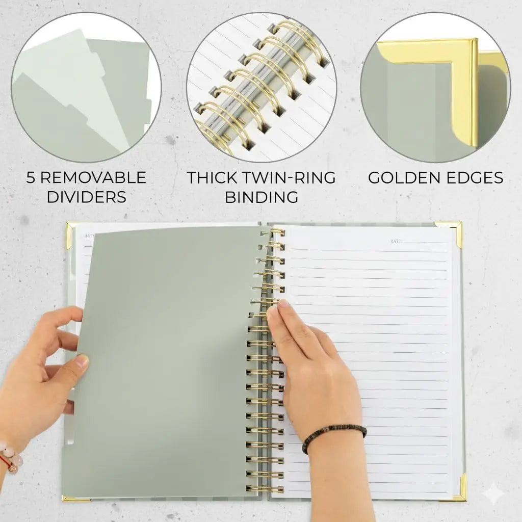 Aesthetic Thick Spiral Notebook with Tabs, 300 Pages and Dividers