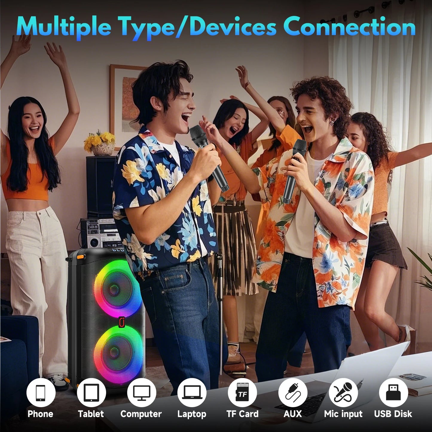 T27 Wireless Bluetooth Speaker, Karaoke Machine with 2 Microphone, Led Light