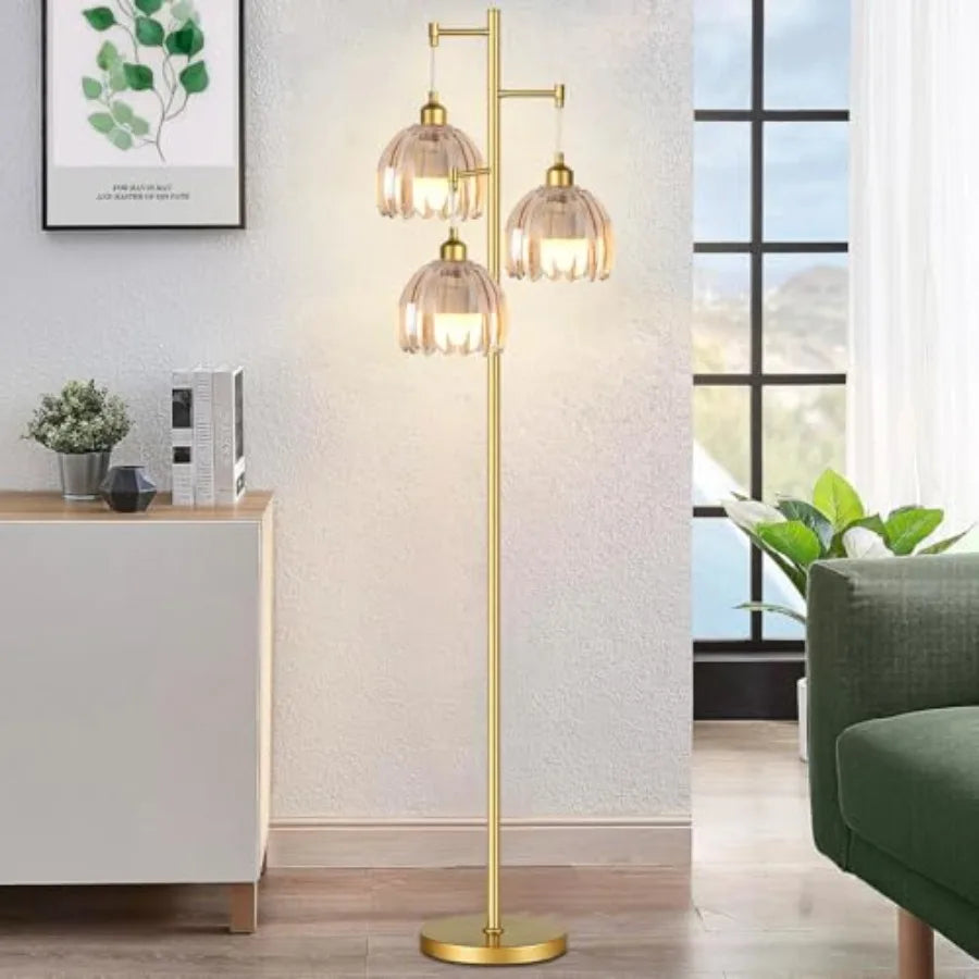Gold Floor Lampswith Glass Lampshade and Three Led Bulb