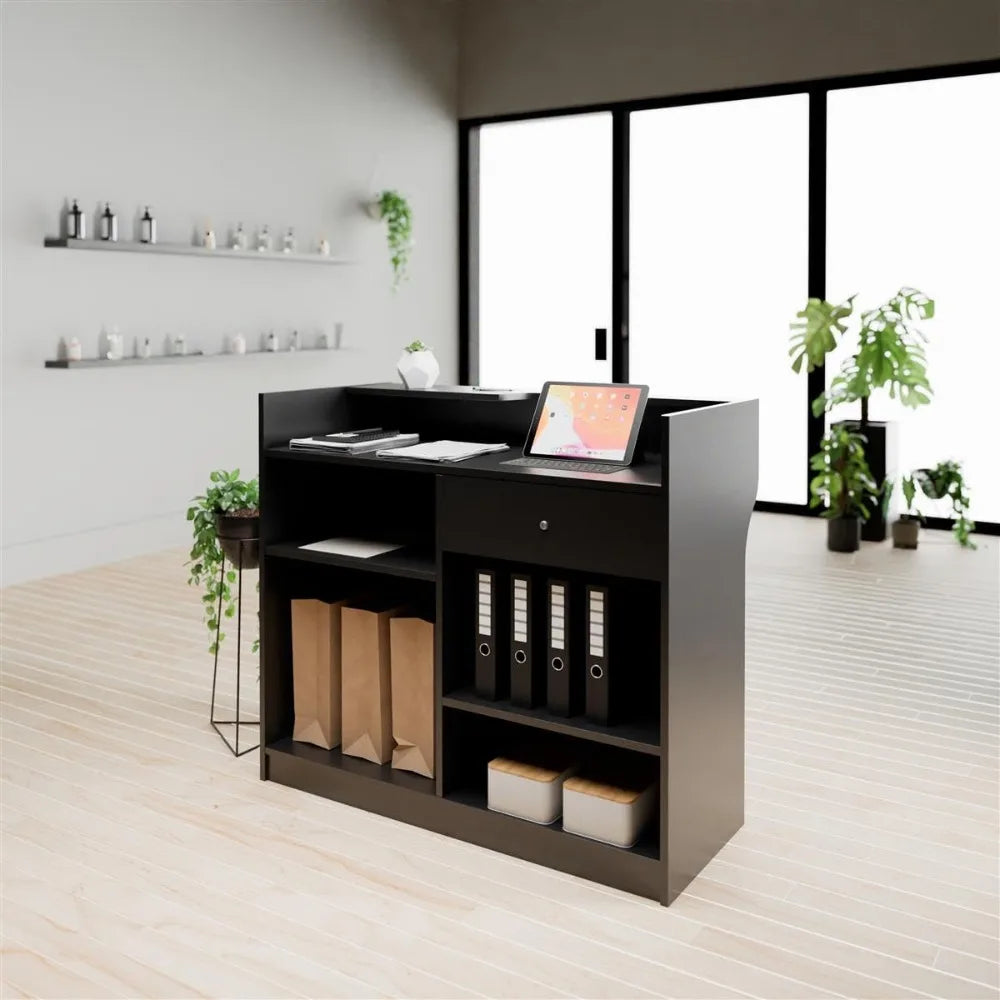 Free-Standing Black Melamine Register Stand, with Adjustable Shelves