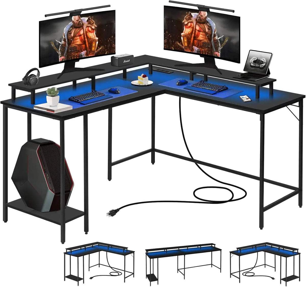 Panana 53.5" L Shaped Computer Desk with LED Lights and Power Outlets