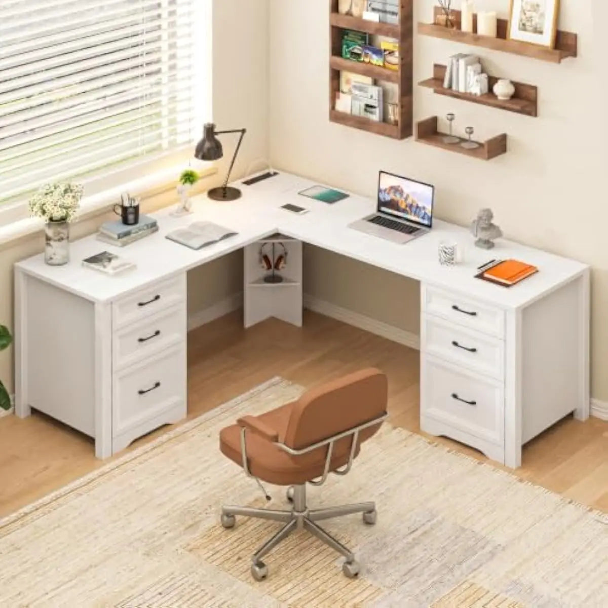 L Shaped Modern Desk with 4 Large Drawers Built-in Power Hub