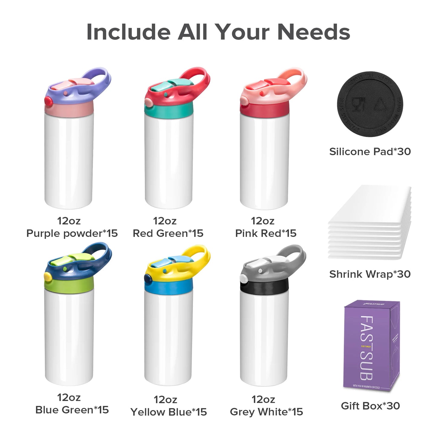 12/30 Pack 12oz Sublimation Kids Tumblers