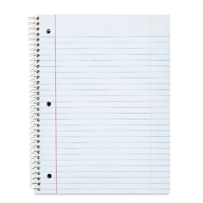 Wide Ruled 3-Subject Spiral Notebook, Blue, 10.5" x 8", 120 Pages