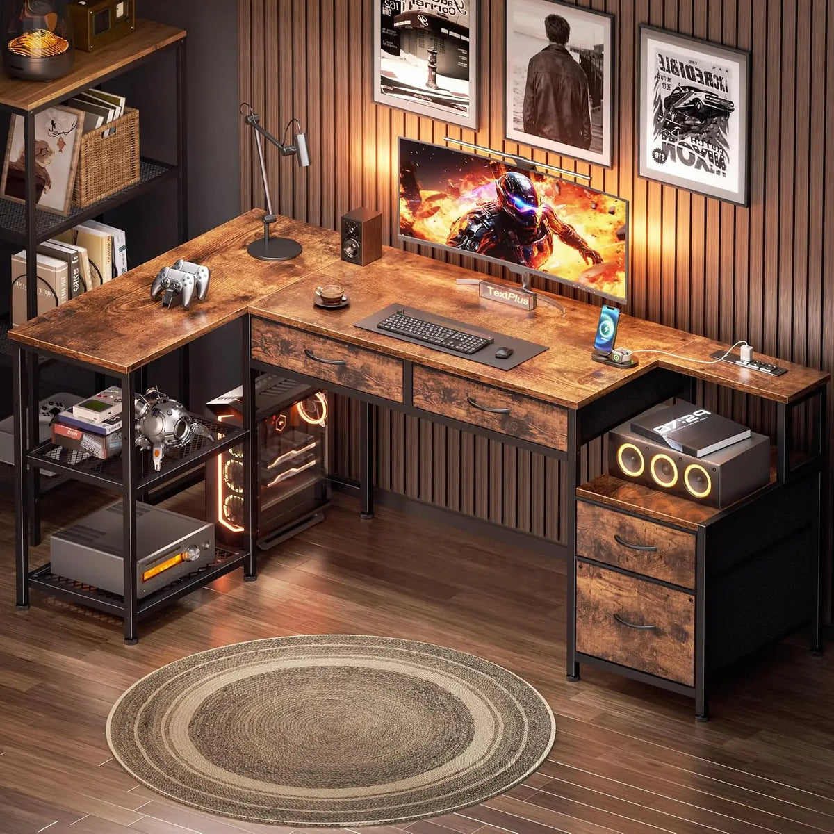 57" L Shaped Computer Desk with Power Outlet, Drawers, Rustic Brown