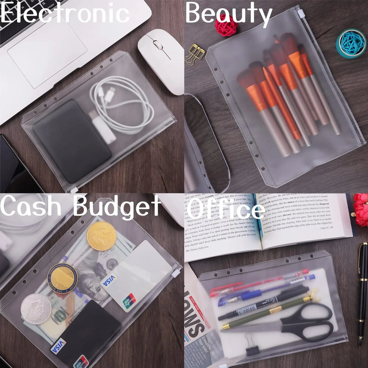 10PCS A6 Binder Pockets 6 Holes, Clear Zipper Folders 6-Ring, Waterproof