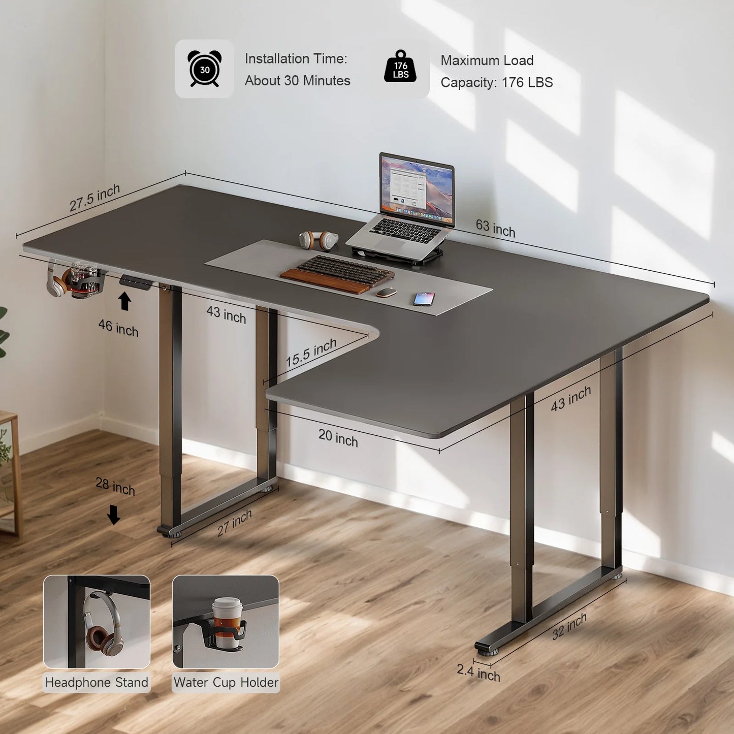 L Shaped Standing Desk, 63/71x43 Inches with Adjustable Height