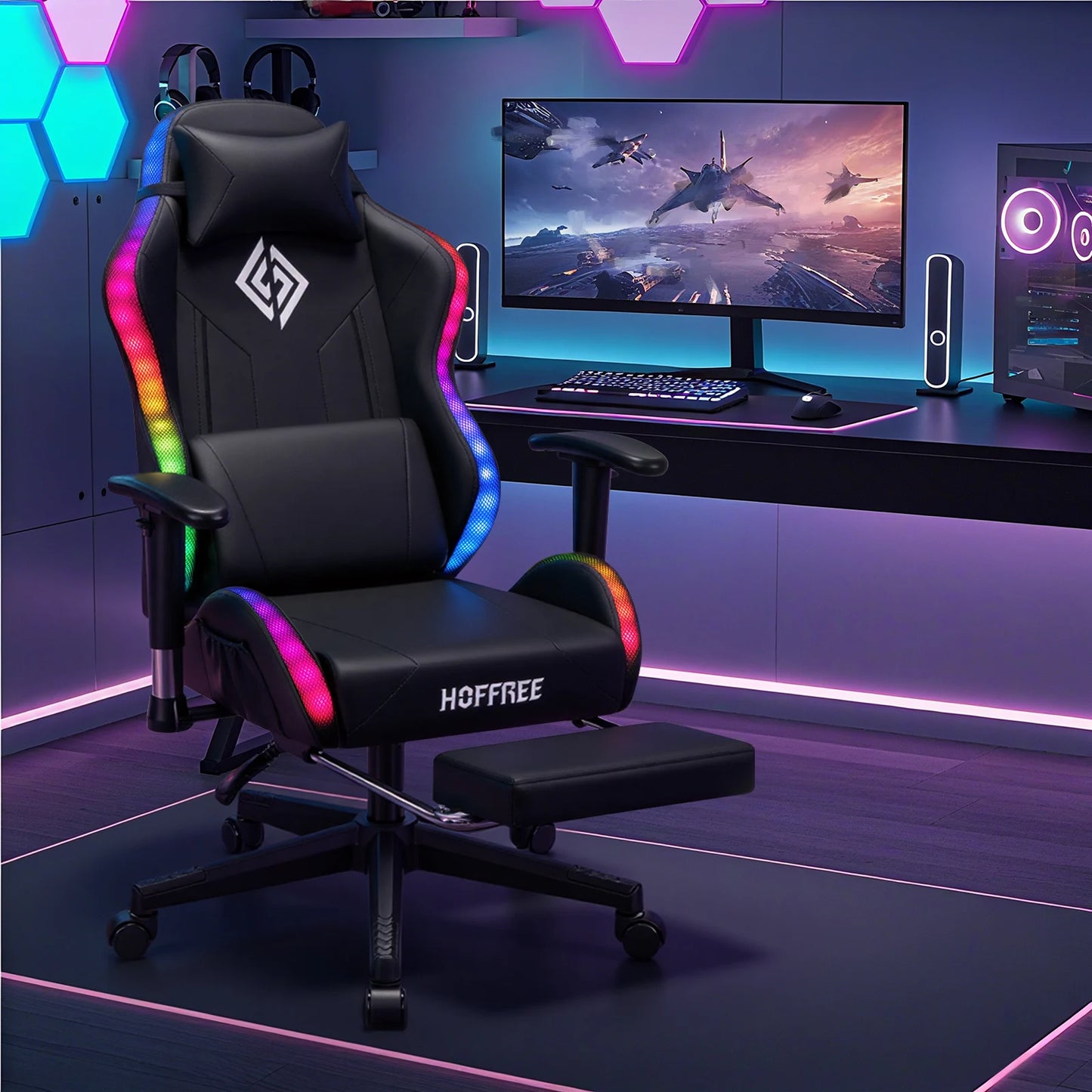 Adjustable Gamer Chair with LED Lighting, Footrest & Lumbar Support