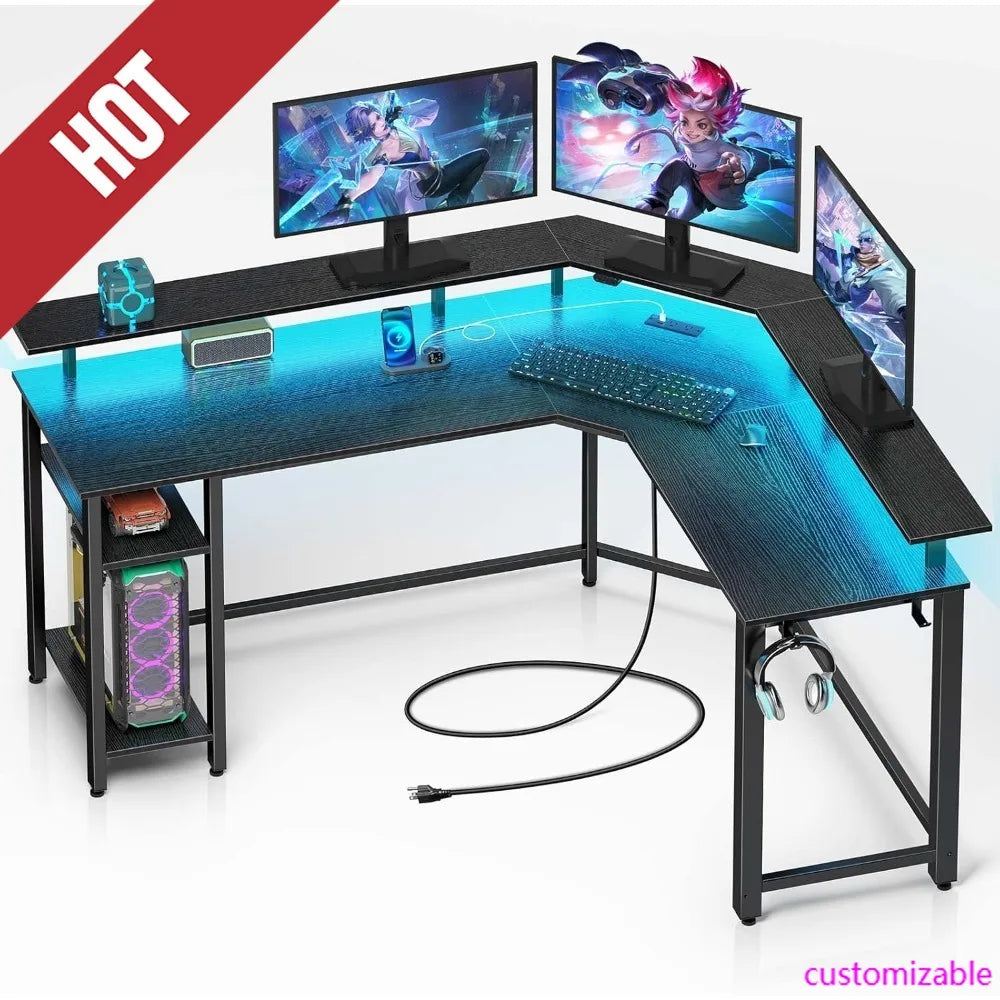 HOT-L Shaped Gaming Desk With LED Lights & Power Outlets, 46.2"