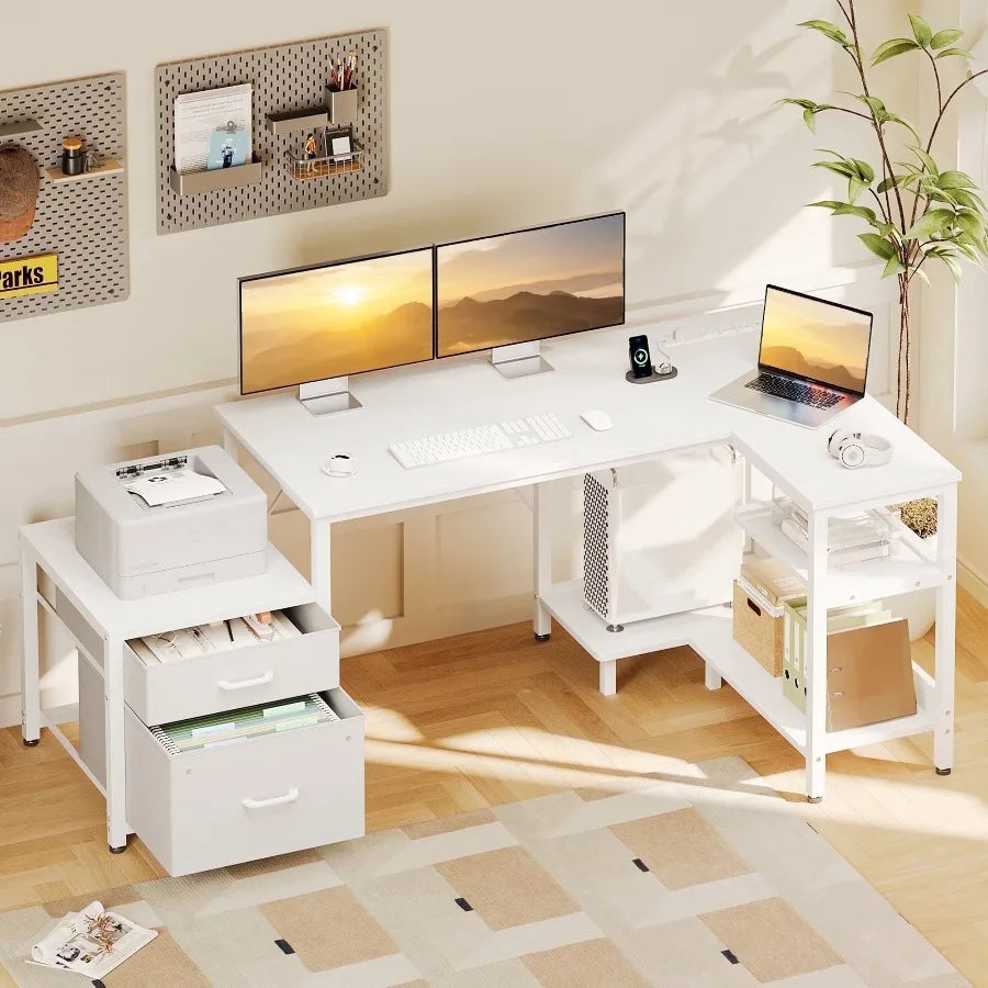 Casacomoda L Shaped Desk Power Outlets File Drawer Home Office