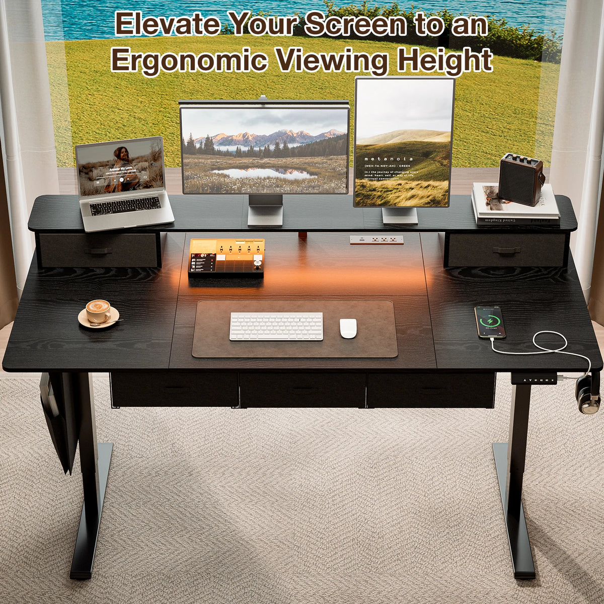 71" Electric Sit Stand Desk with 5 Drawers, Height Adjustable