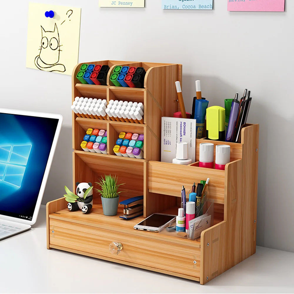 Simple Wooden Pen Holder Storage Shelf With Drawer