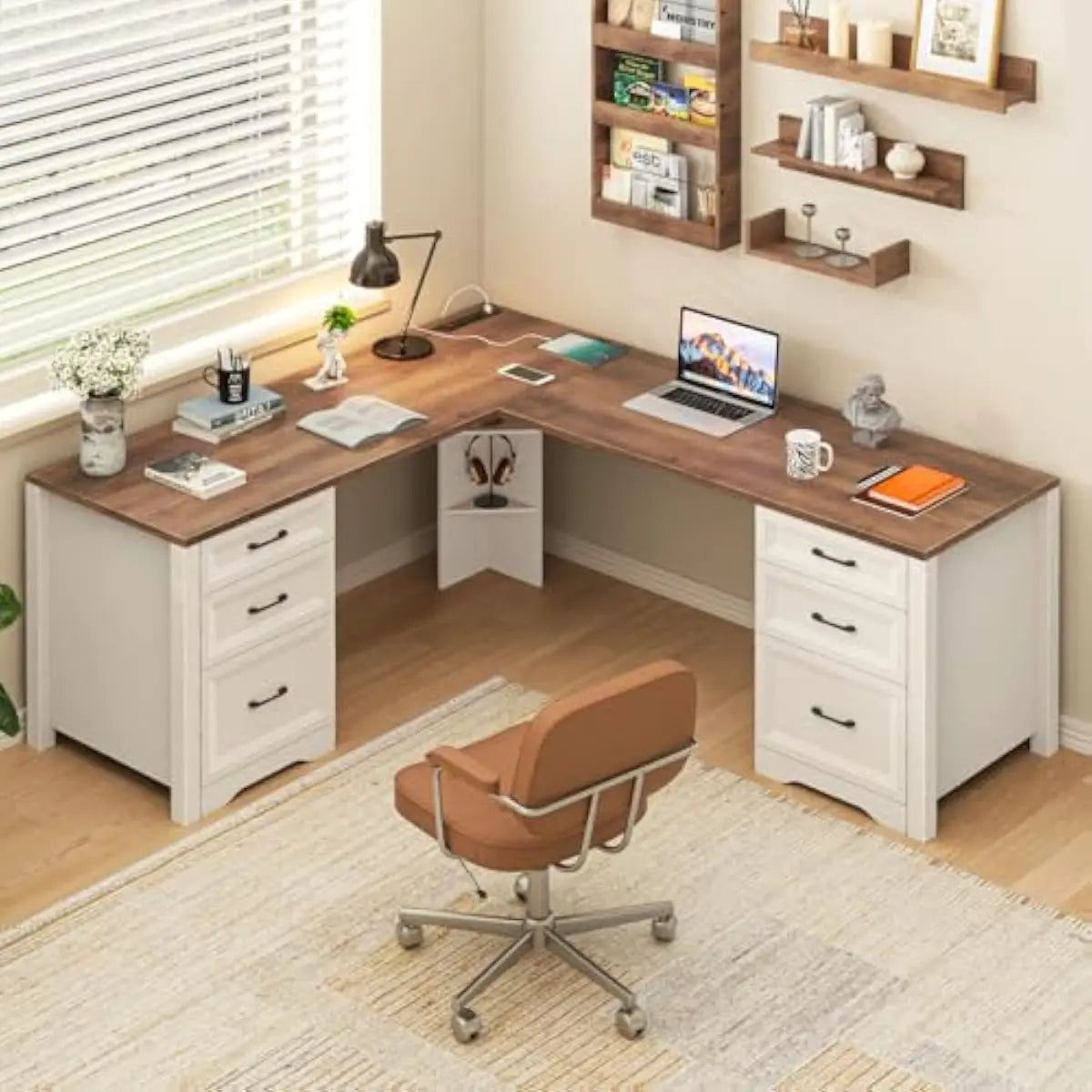 L Shaped Modern Desk with 4 Large Drawers Built-in Power Hub