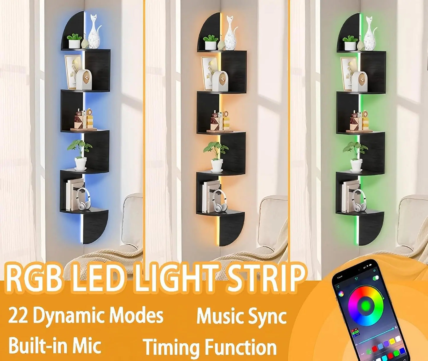 5-Tier Corner Shelf with LED Lights, for Home and Office Display