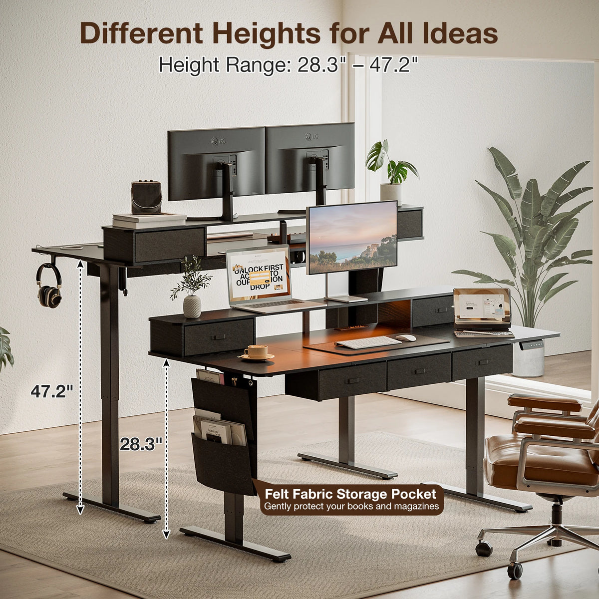 71" Electric Sit Stand Desk with 5 Drawers, Height Adjustable
