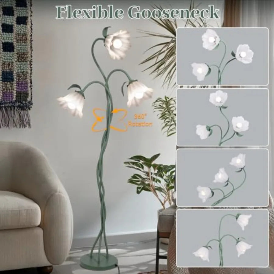 Vintage 3 Heads Flower Floor Lamp with Adjustable Gooseneck