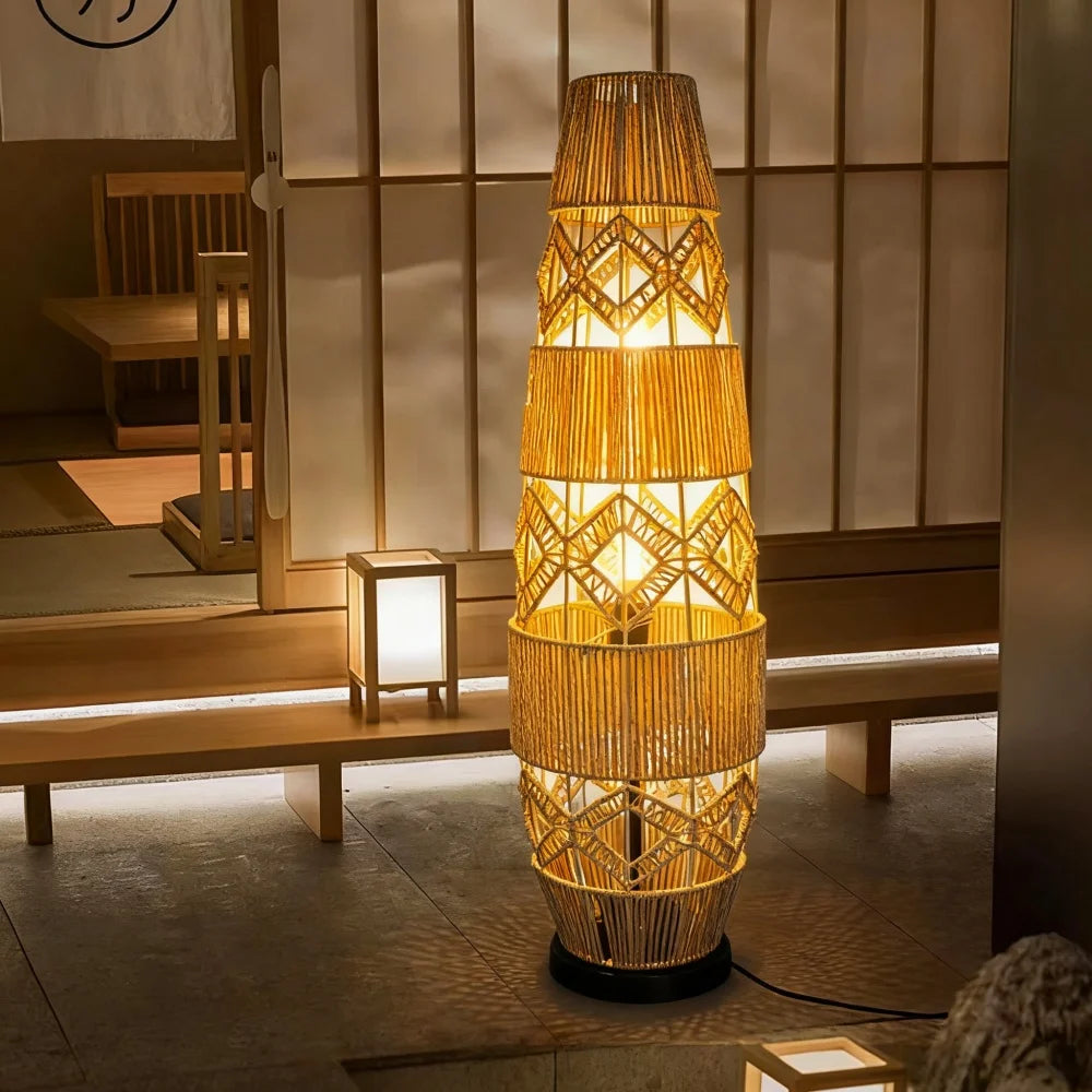 Tall Vintage Wicker Floor Lamp Woven Cane Rattan Art Ethnic LED