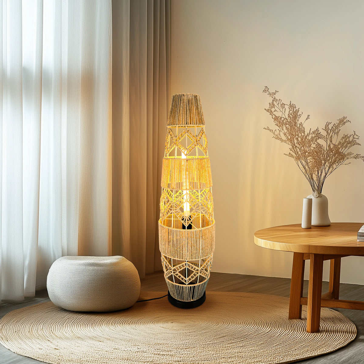 Tall Vintage Wicker Floor Lamp Woven Cane Rattan Art Ethnic LED