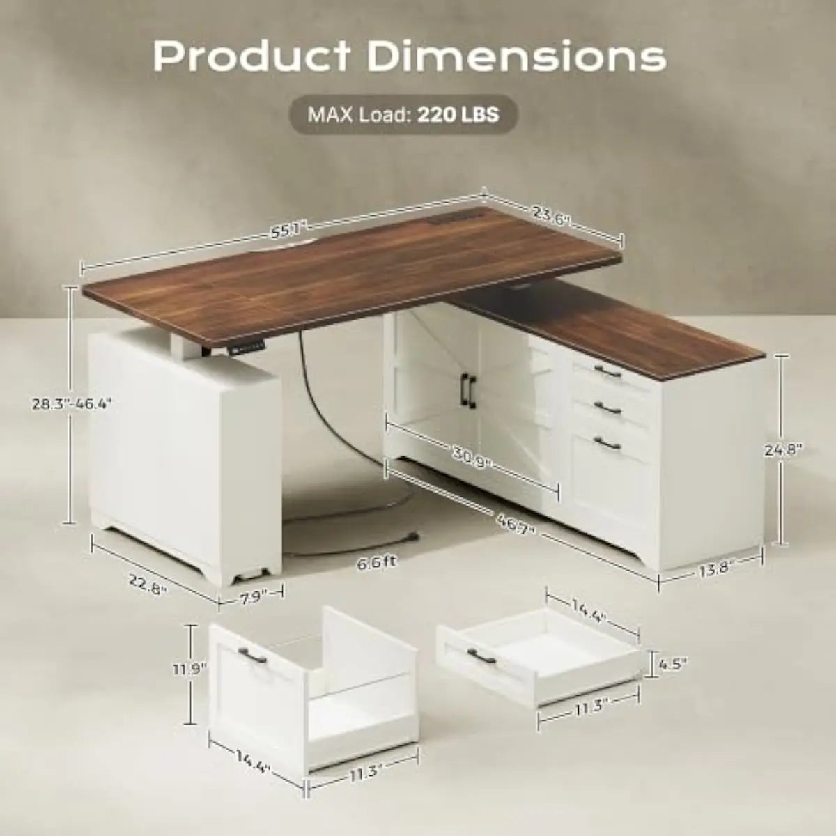 L Shaped Electric Standing Desk 55 Inch Farmhouse Style Adjustable Height