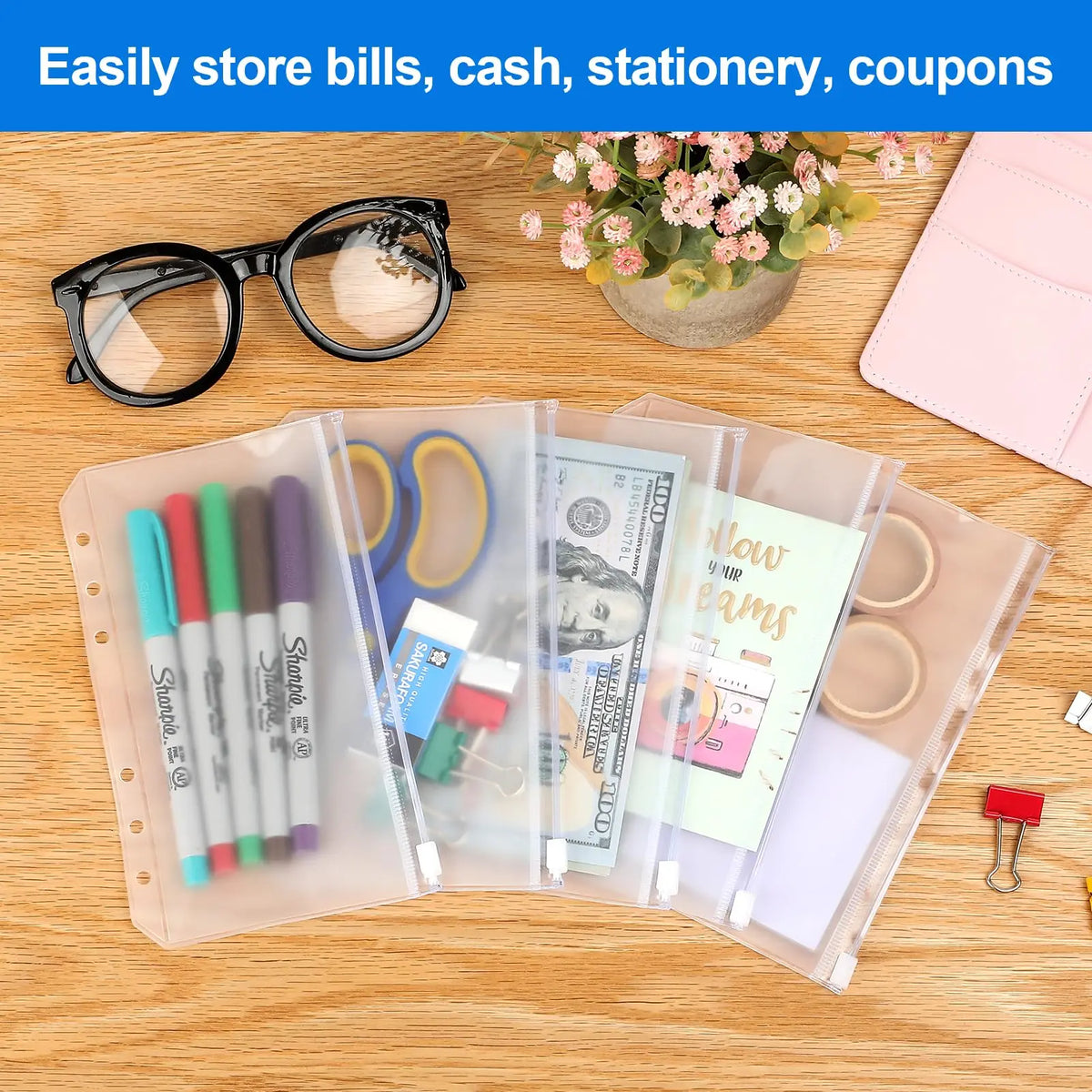 10PCS A6 Binder Pockets 6 Holes, Clear Zipper Folders 6-Ring, Waterproof