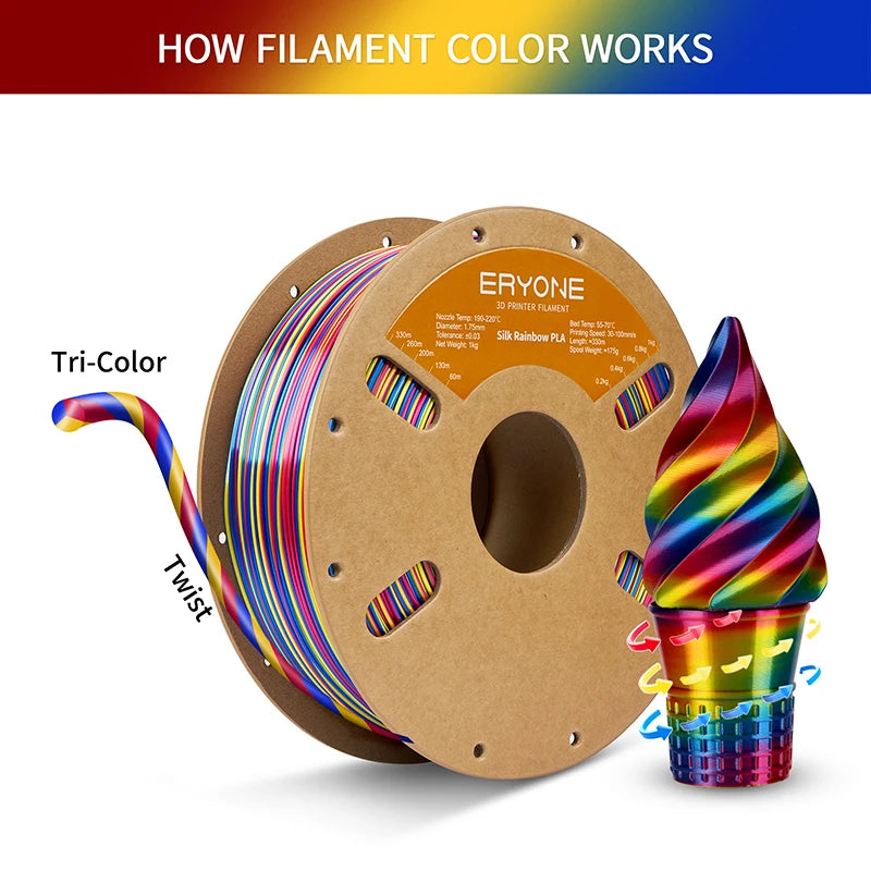 ERYONE 10KG Silk Rainbow Twist PLA Filament 1.75mm, 1kg Spool
