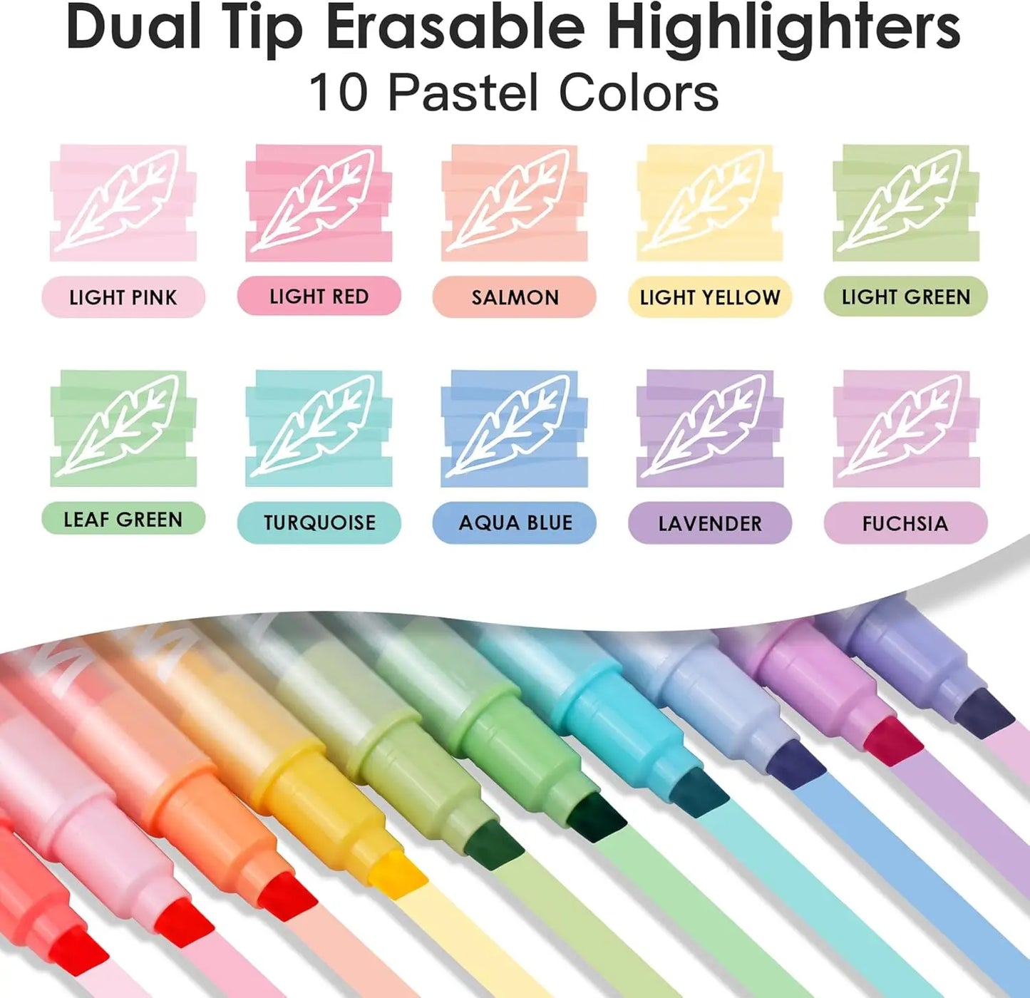 10-Color Erasable Highlighters, Pastel Soft-Tip No Bleed Pens