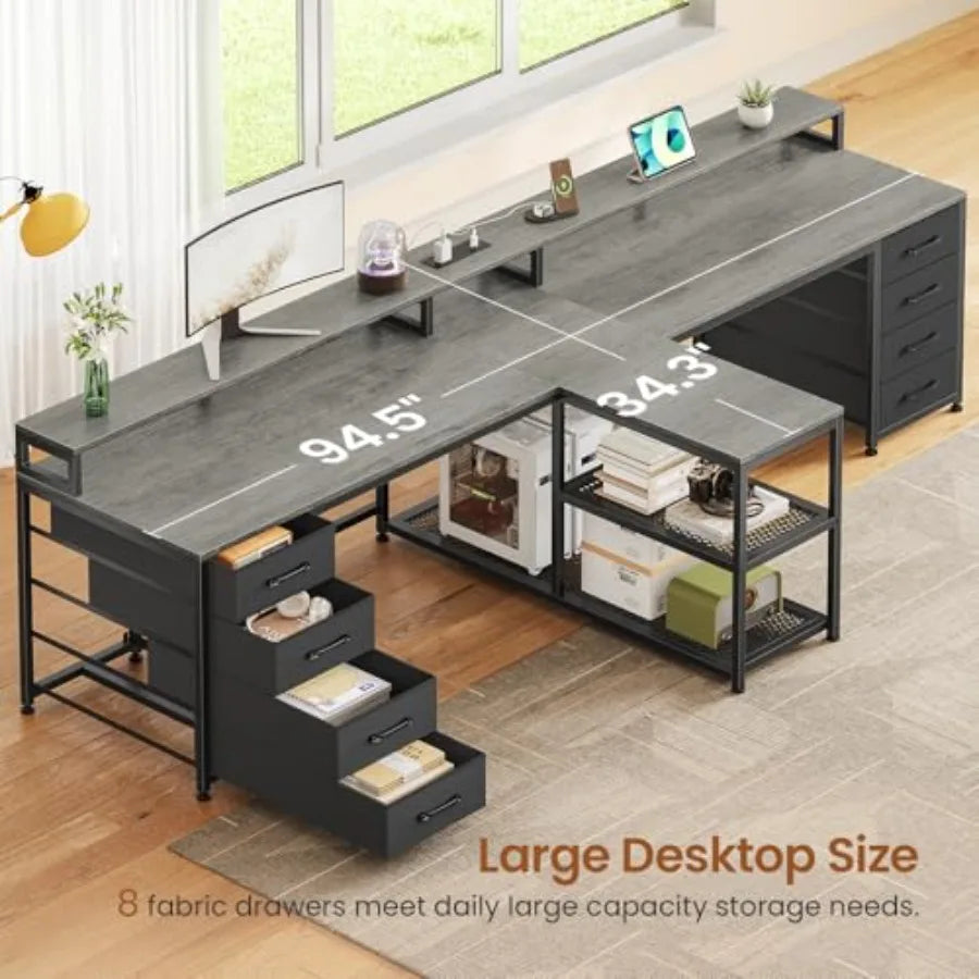 94.5 2 Person Gaming Desk Long Office Computer Desk with 8 Drawers