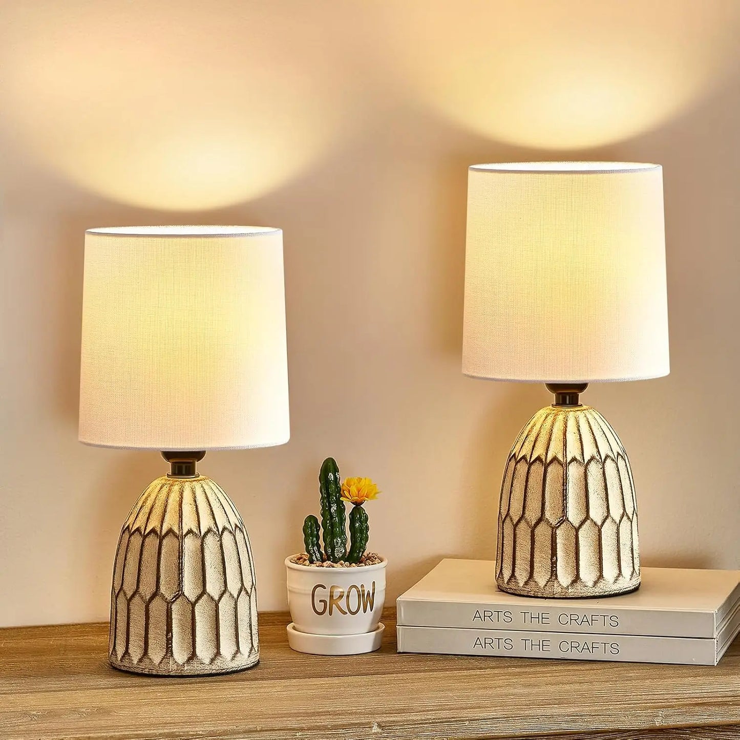 Set of 2 Farmhouse Ceramic Table Lamps, 13.5" Hand-Painted