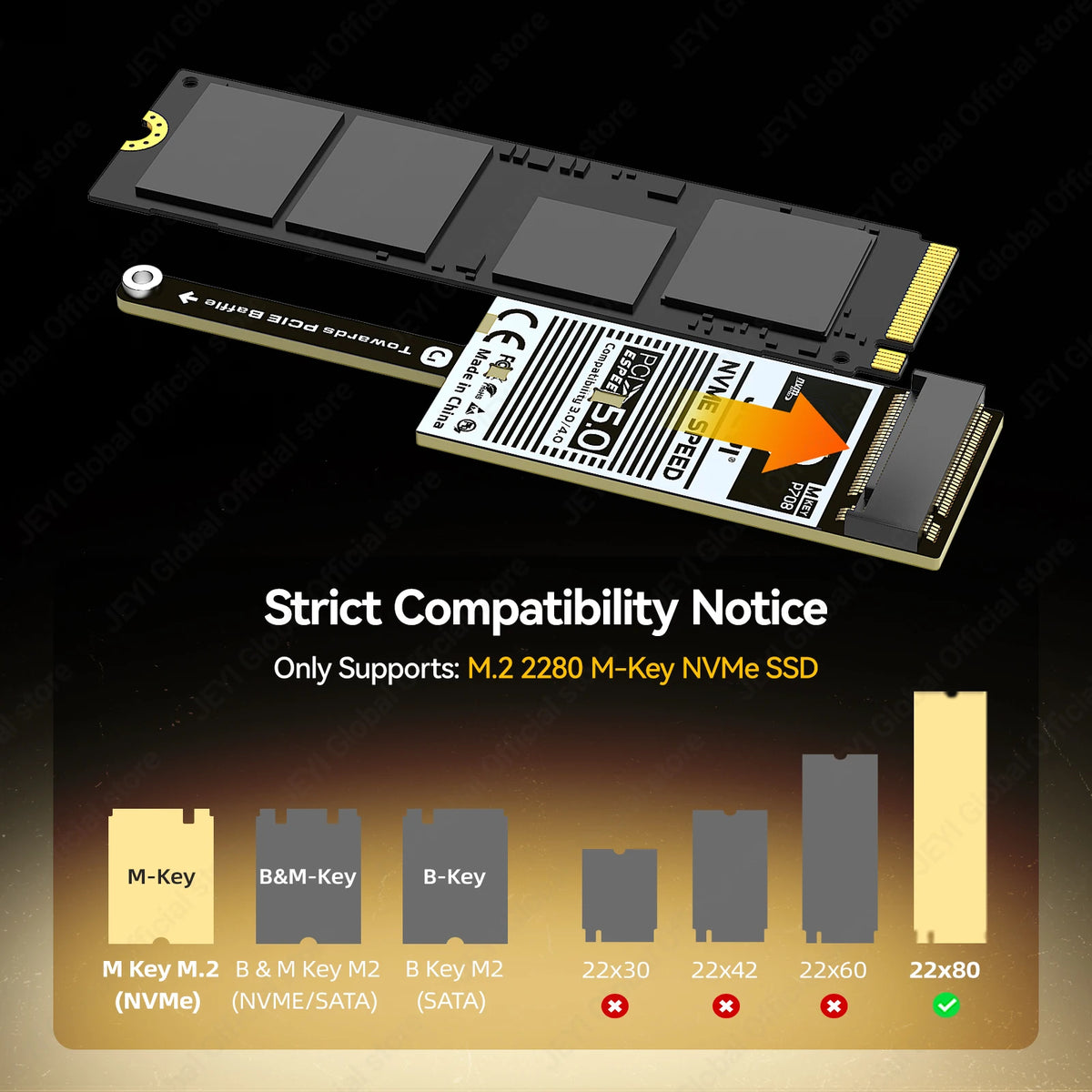 JEYI Mini Flat PCIe 5.0 to NVMe Adapter Card Backward Compatible