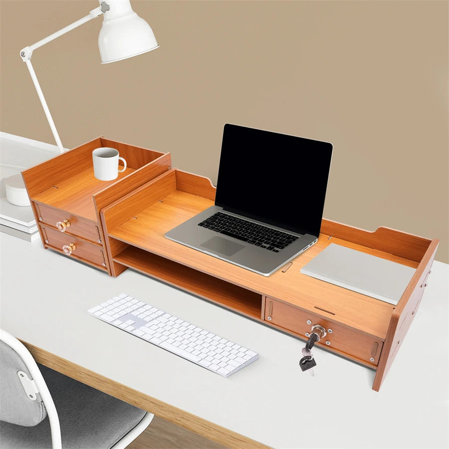 Computer Monitor Stand, Wooden Desk Organizer with Drawers