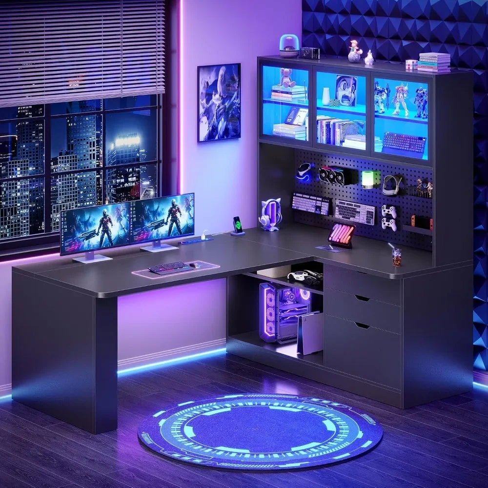 L Shaped Corner Gaming Desk with 3 Wood Drawer and Large Bookshelf