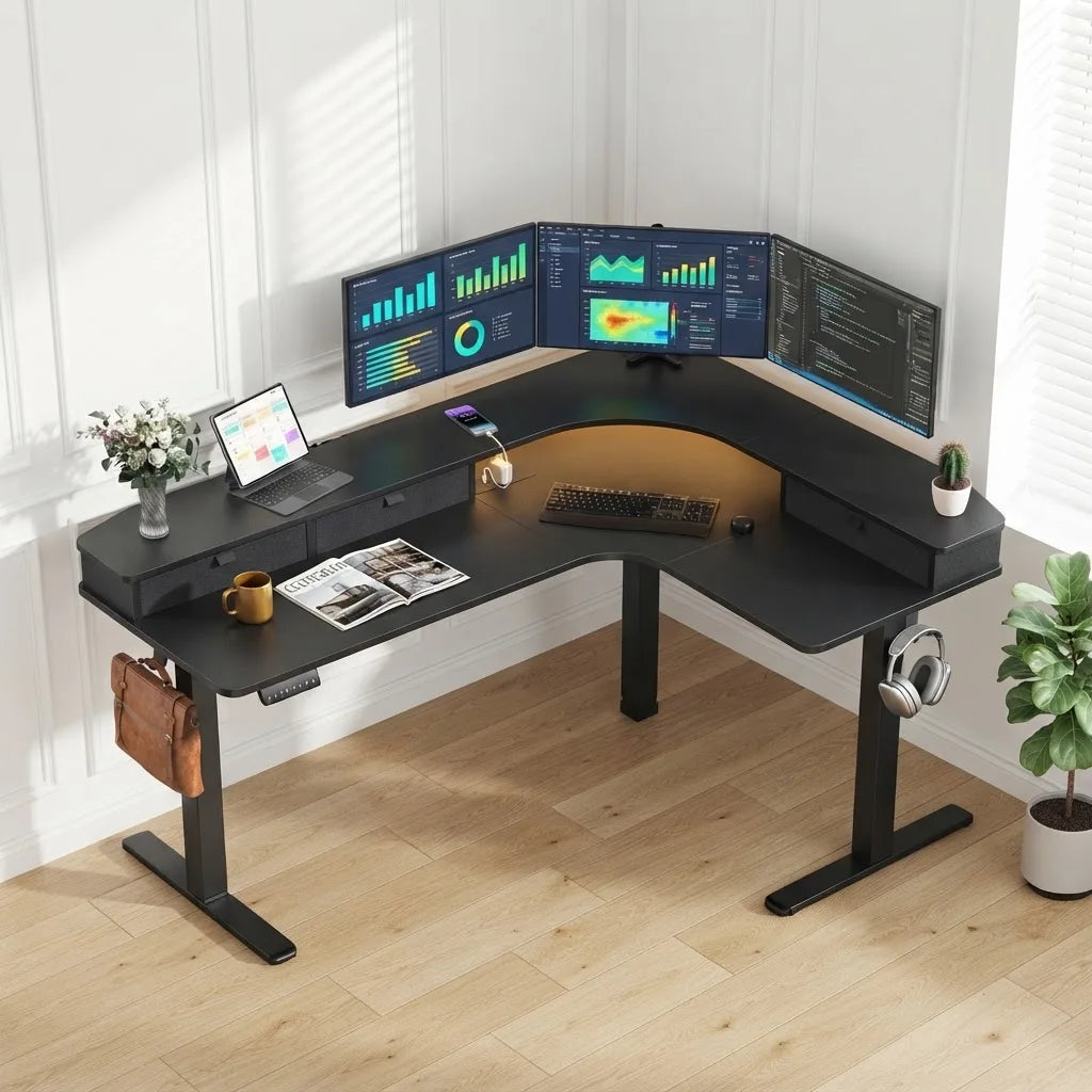 65" L‑Shaped Electric Standing Desk with 3 Drawers, Height Adjustable