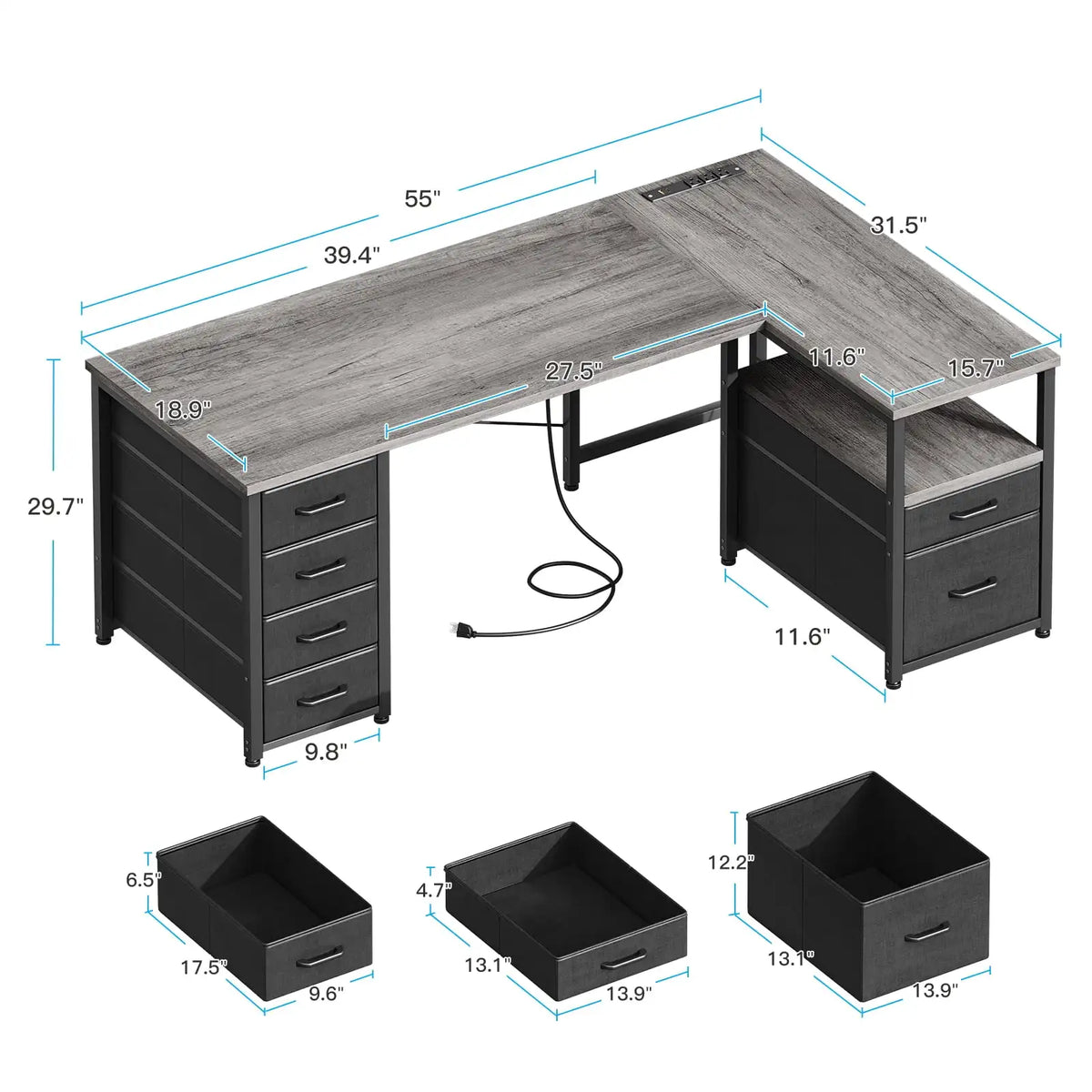 Casacomoda 55 inch Computer Desk with 5 Drawers and File Cabinet