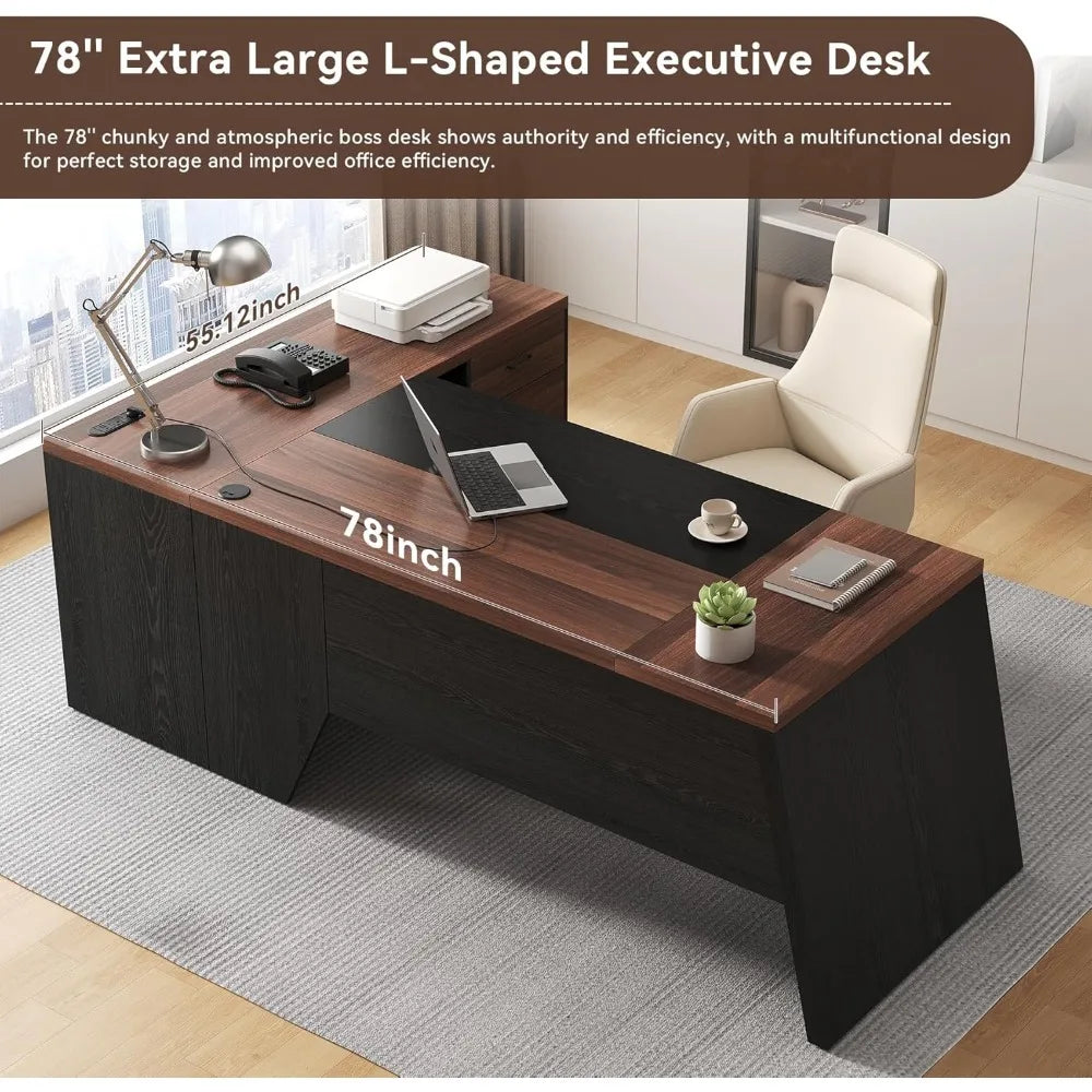 L-Shaped Executive Desk with Power Outlet, 78-Inch