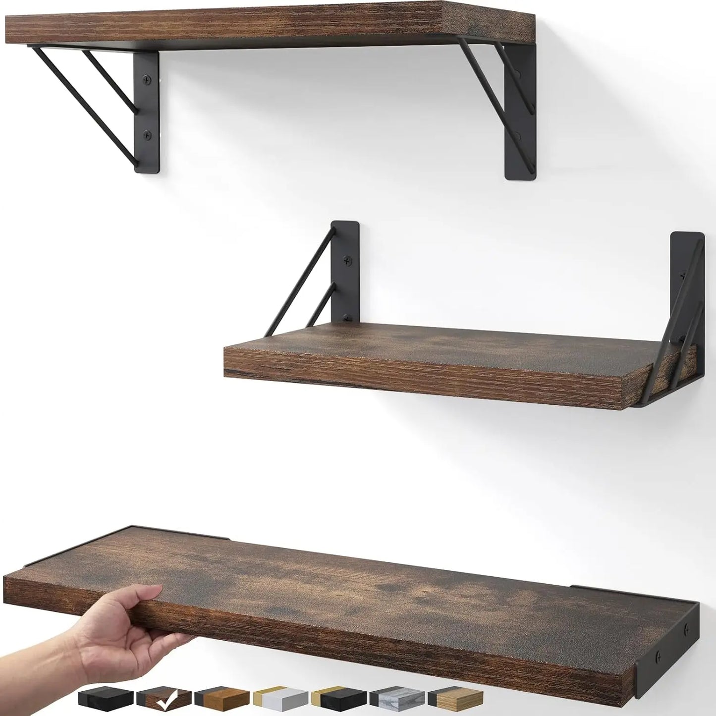Rustic Brown Floating Wall Shelves Set of 3 for Home Decor, Books, Plants in Bedroom, Bathroom, Kitchen