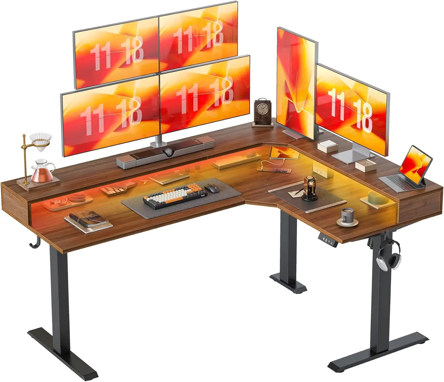 63'' L-Shaped Standing Desk with LED Light Strip and Power Outlet