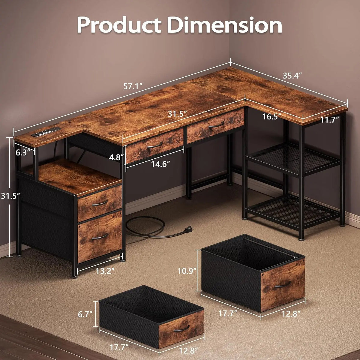 57" L Shaped Computer Desk with Power Outlet, Drawers, Rustic Brown