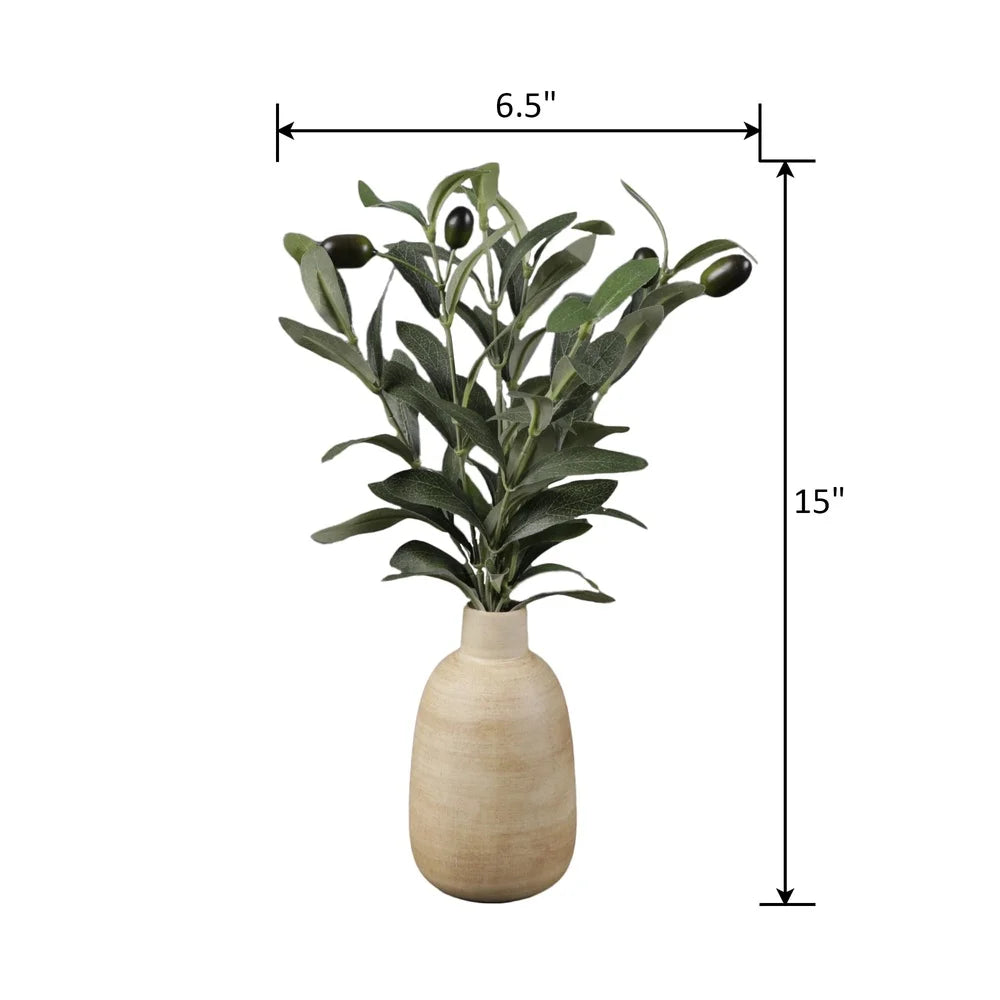 15 Inch Artificial Olive Plant in Wood Finish Ceramic Vase